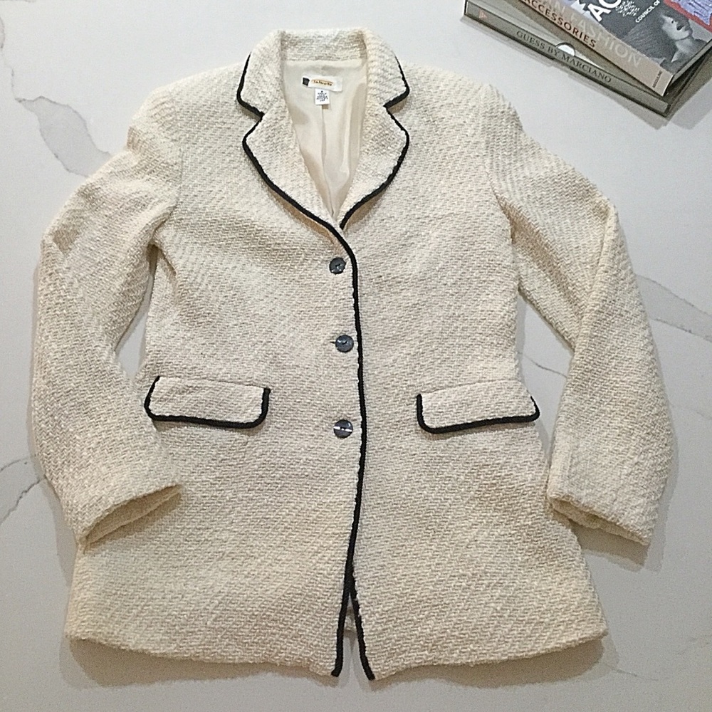 Talbots Cream Textured Jacket with Black Trim